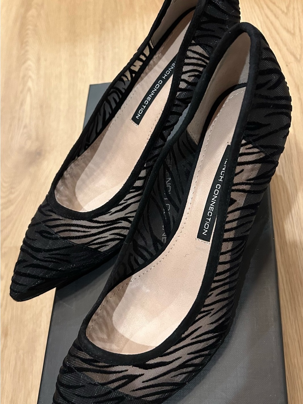French Connection Black Zebra-Pattern Mesh Pointed-Toe Pumps